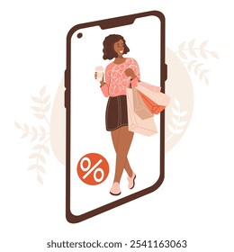 Online Shopping. Happy dark skinned woman buyer in phone with packages gift. Seasonal Sale. Holiday shopper character. Shop in smartphone. Vector illustration in flat style