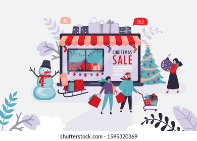 Online shopping, happy shoppers holding packages. E-commerce, internet sale. Online marketplace with new year sale and discount.  Christmas tree and funny snowman. Trendy Vector illustration