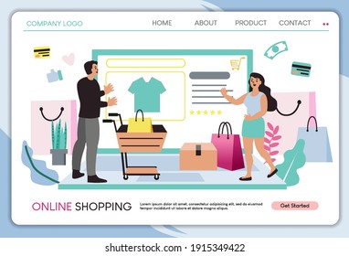 
Online Shopping Happy Smiling Couple Using. Buying clothes or gifts through the online platform.Illustrations for websites or mobile apps. Decorated with parcel boxes, shopping bags, shopping carts.