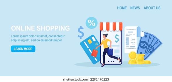 Online shopping. Happy woman come out with purchases from online store on smartphone. Shoppers buying on internet sale. Special offer, discount concept. Buyer picked goods, paid with mobile banking