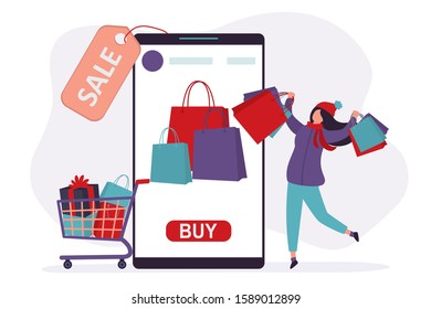 Online shopping, happy woman shopper. E-commerce, internet sale and discount concept. Caucasian girl holds packages. Female character isolated on white background. Vector illustration