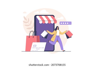 Online shopping. Happy young woman with shopping bags leaves the online store. Big seasonal sale and discount at store, shop, mall. Vector concept.