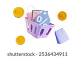 Online shopping has shopping bag and discount code in basket for putting things and discount on purchases, dollar coins floating around the basket, 3D render.