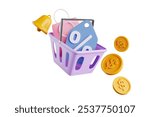 Online shopping has shopping bag and discount code in basket for putting things and discount on purchases, dollar coins floating around the basket, 3D render.