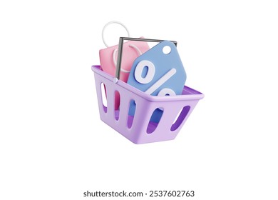 Online shopping has shopping bags and discount codes in the basket, bags for storing items and discounts on purchases, 3D rendering.