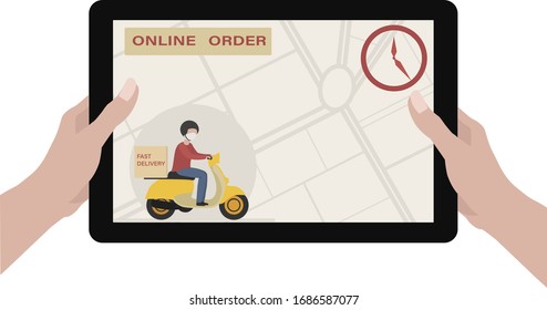 Online-Shopping mit Tablet. Kurier in medizinischer Maske auf dem Motorrad liefert das Paket. Quarantäne und Vorbeugung gegen Virusinfektionen. Flaches Vektorillustration-Illustration