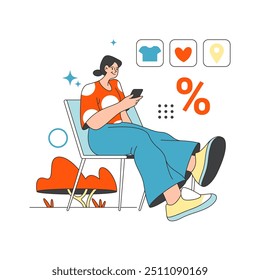 Online shopping hobby, isolated woman with phone looking for clothes with discounts and reduction of price. Vector flat purchasing clothing and apparel from home, fashionable outfits