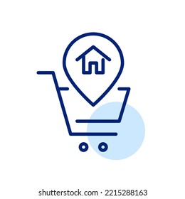 Online shopping with home address delivery. Map pointer in shopping cart. Pixel perfect, editable stroke line icon