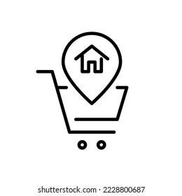 Online shopping with home address delivery. Map pointer in shopping cart. Pixel perfect, editable stroke icon