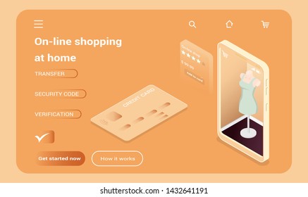 Online shopping at home banner with credit card, mobile phone with dummy in dress isometric illustration. Online Shopping for website and mobile website. Landing page template.