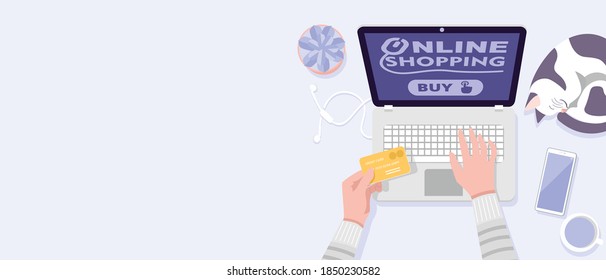 Online shopping at home concept. Top view of woman hand holding credit card and making online payment. Vector