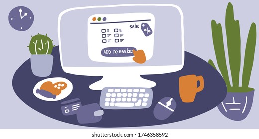 Online shopping. Shopping at home, e-commerce concept. Flat vector illustration