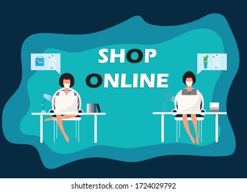 Online shopping. Shopping from home. New normal. Two girls searching for goods. Flat iilustration.