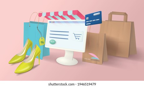 Online Shopping At Home On Your Computer. Banner With Realistic Shopping Items, Paper Bags, Denim Shoes, Monitor On A Pink Background.