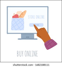 Online shopping from home - quarantine leisure home activities, coronavirus COVID-19 concept. Flu, cold contaminated air disease home isolation, online food store vector illustration