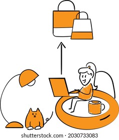 
Online shopping home - safe shopping concept.
Stay Home on Quarantine During the Coronavirus Epidemic.Vector Illustration doodle man or woman with laptop.
