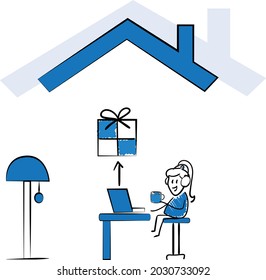 
Online shopping home - safe shopping concept.
Stay Home on Quarantine During the Coronavirus Epidemic.Vector Illustration doodle man or woman with laptop.