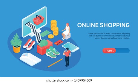 Online shopping horizontal banner with technology and payment symbols isometric vector illustration