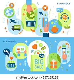 Online shopping horizontal banners with e-commerce colorful elements and devices in flat style vector illustration