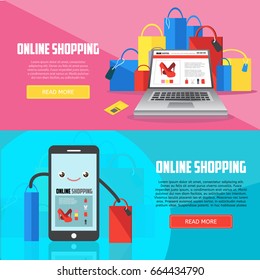 Online shopping horizontal banners with laptop, smartphone and purchases. E-commerce business concept. Online shopping creative vector illustration. 