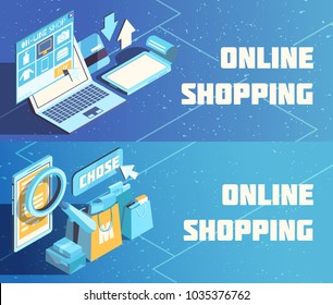Online shopping horizontal isometric banners on blue background with product choice, electronic payment isolated vector illustration