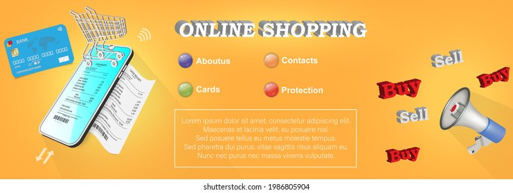 Online shopping horizontal web banner design concept. Online internet payments isometric template with built-in smartphone, shopping cart, credit card, receipt, text, megaphone. Vector illustration