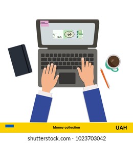 Online shopping.  hryvnia banknote. E-commerce platform concept vector illustration.