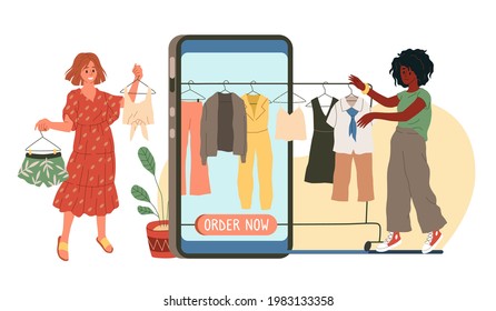 Online shopping. Huge smartphone with order now text on screen, women choose clothes, buying products, internet purchase, mobile fashion boutique, sale banner vector cartoon isolated concept
