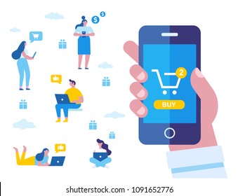Online Shopping. Human Hand Using Mobile Phone For Purchase. 
Different People Do Mobile Shopping. Flat Vector Cartoon Illustration.