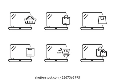 Online shopping icon shopping bag icon, online store, shopping cart icon, phone, laptop for app web logo banner poster button - Vector file