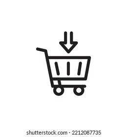 online shopping icon, shopping cart icon, add to cart symbol, white background thin line design.
