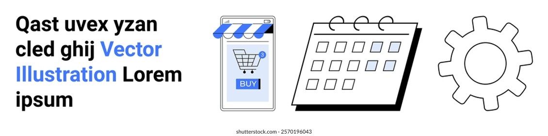 Online shopping icon with a cart and buy button, a calendar with dates, and a gear symbol for settings and customization. Ideal for e-commerce, scheduling, planning, productivity, and automation