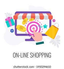 Online shopping icon. Choosing, ordering and paying for goods on the Internet. Electronic trading platforms, internet banking.