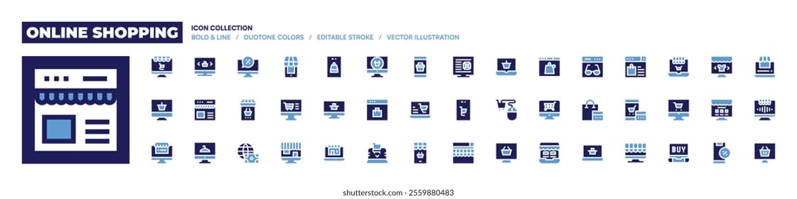 Online shopping icon collection. Bold style. Duotone colors. onlineshopping, onlinestore, marketplace, onlineshop, onlinepayment, screen, onlinediscount.