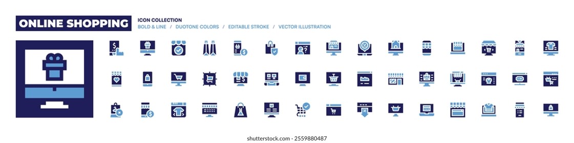 Online shopping icon collection. Bold style. Duotone colors. onlinesupermarket, shoppingbag, ecommerce, onlineshop, monitor, store, wishlist, mobilebanking.