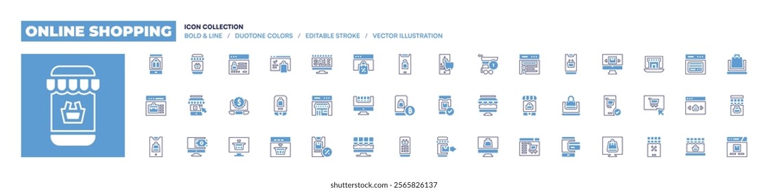 Online shopping icon collection. Bold line style. Duotone colors. Editable stroke. shoppingcart, onlineshopping, shopping, onlineshop, ecommerce, buy.