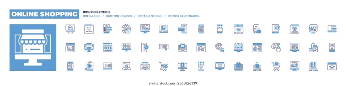Online shopping icon collection. Bold line style. Duotone colors. Editable stroke. onlineshopping, shoppingonline, onlineorder, discount, onlineshop, onlinepayment, shop, cart, buy, laptop.