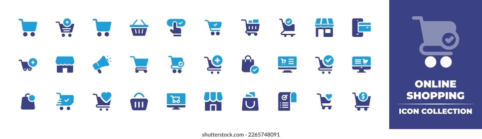 Online shopping icon collection. Duotone color. Vector illustration. Containing cart, add to cart, shopping cart, shopping basket, booking, checkout, store, mobile payment, add cart, megaphone.