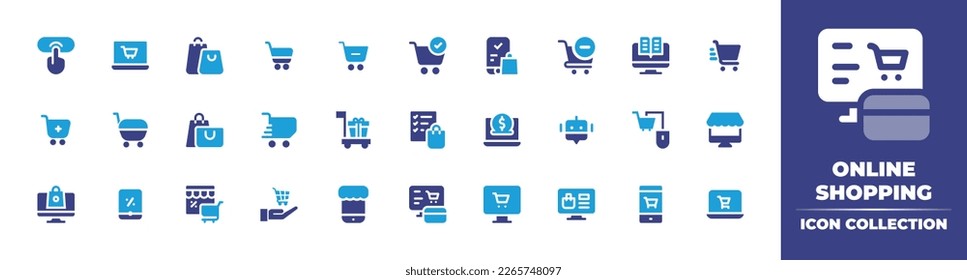 Online shopping icon collection. Duotone color. Vector illustration. Containing buy, ecommerce, shopping bags, shopping, cart, purchase, remove from cart, online store, trolley, add cart.