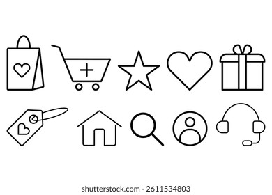 Online shopping icon collection. Outlined cart, bag, giftbox, customer help, home sign and symbol set vector illustration.