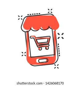 Online shopping icon in comic style. Smartphone store vector cartoon illustration on white isolated background. Market business concept splash effect.