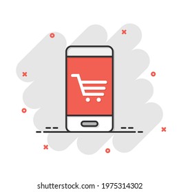 Online shopping icon in comic style. Smartphone store cartoon vector illustration on white isolated background. Market splash effect business concept.