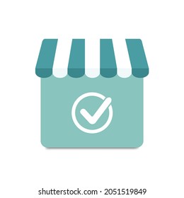 Online shopping icon. Concept Marketing and Digital marketing. Mockup shop and checkmark. Online shopping on application and website concept. Vector