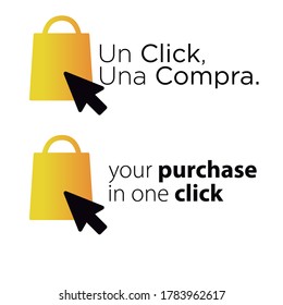 Online shopping icon design in 2 different languages ​​accompanied by a slogan