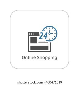 Online Shopping Icon. Flat Design Isolated Illustration. App Symbol or UI element. Web Page with 24 hours Clock Sign.