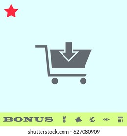 Online shopping icon flat. Grey pictogram on blue background. Vector illustration symbol and bonus buttons medal, cow, earth, eye, calculator