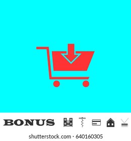 Online shopping icon flat. Red pictogram on blue background. Vector illustration symbol and bonus buttons Music center, corkscrew, credit card, house, drum