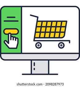 Online shopping icon. Flat vector computer e-shop website with trolley cart, add to favorite, order and buy. Business and e-commerce
