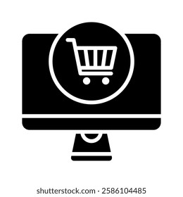 Online shopping icon in glyph style. Icon of online shopping via computer.