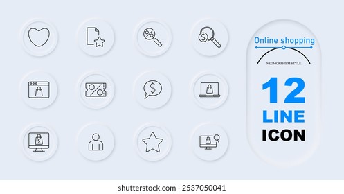 Online shopping icon. Heart, favorite document, percent magnifier, dollar magnifier, webpage, discount coupon, price chat, online cart, profile. E-commerce, shopping discounts, customer interaction